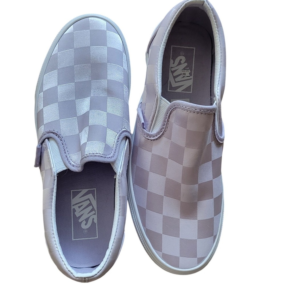 Vans Classic Slip-On Platform Checkerboard Satin Liliac White Womens 7.5 Men's 6